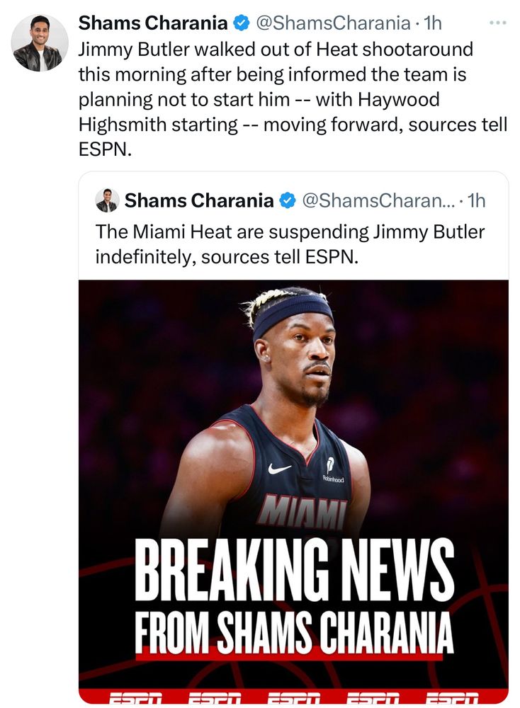 A photo of a tweet from NBA insider Shams Charania, explaining that the Miami Heat have suspended Jimmy Butler indefinitely. 
