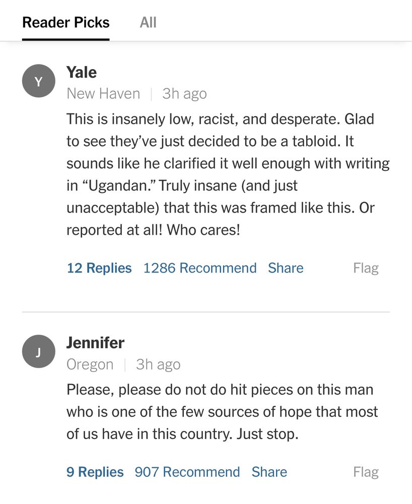 Yale from New Haven says: “This is insanely low, racist, and desperate. Glad to see they’ve just decided to be a tabloid. It sounds like he clarified it well enough with writing in “Ugandan.” Truly insane (and just unacceptable) that this was framed like this. Or reported at all! Who cares!”

Jennifer from Oregon says: “Please, please do not do hit pieces on this man who is one of the few sources of hope that most of us have in this country. Just stop.”