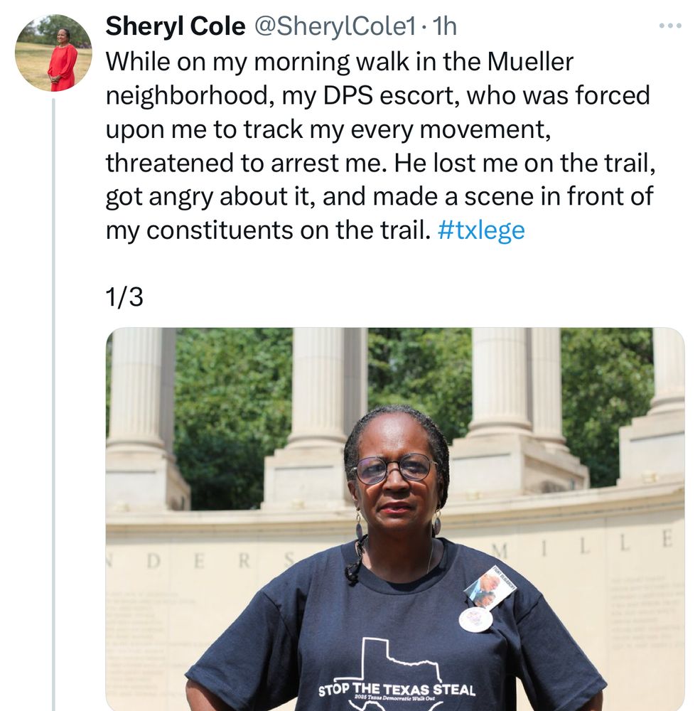 While on my morning walk in the Mueller neighborhood, my DPS escort, who was forced upon me to track my every movement, threatened to arrest me. He lost me on the trail, got angry about it, and made a scene in front of my constituents on the trail. #txlege 

1/3