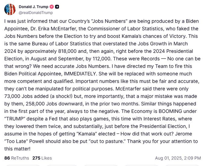 “I have directed my Team to fire this Biden Political Appointee, IMMEDIATELY. She will be replaced with someone much more competent and qualified. Important numbers like this must be fair and accurate, they can’t be manipulated for political purposes.”
