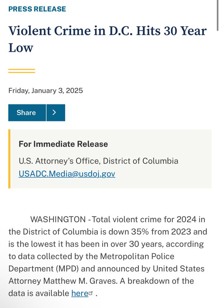 Press release: “Violent Crime in DC hits 30 year low”