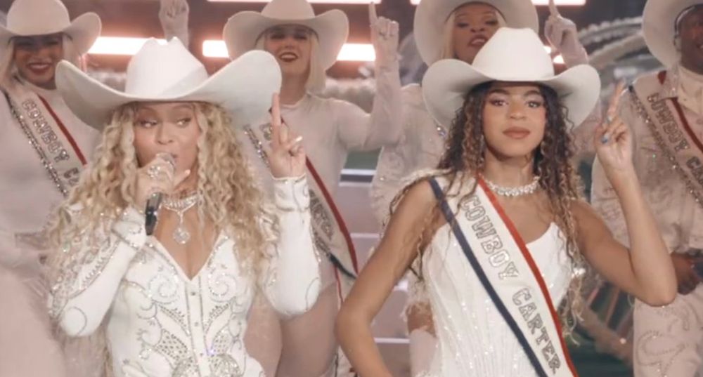 Blue Ivy appears alongside Beyonce during the halftime show of Baltimore and Houston.