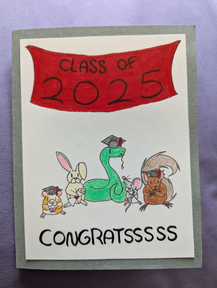 A hamster (calico), bunny (blonde/cream), snake (green), mouse (gray), and squirrel (brown/chestnut) graduating under a red banner that reads: Class of 2025. The hamster, snake, and squirrel have black caps and red tassels. The bunny and mouse hold diplomas.
