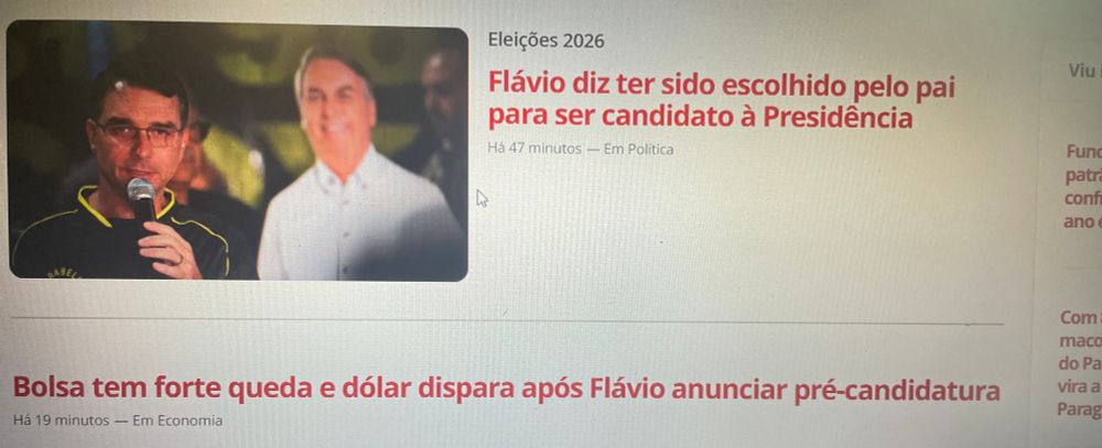 duas manchetes do G1 onde se lê "Flávio diz ter sido escolhido pelo pai pra presidência" e embaixo "bolsa cai e dólar dispara após Flávio anunciar pré candidatura"
