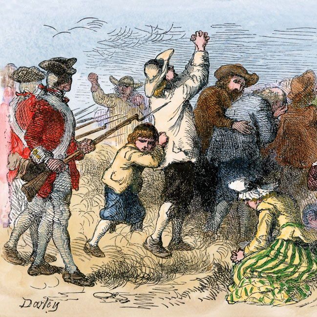 The illustration depicts a scene from the Acadian Expulsion: a British soldier in a red coat, holding a musket with bayonet, advances on a group of distressed civilians in 18th-century attire. A child is pulled by the ear, a bearded man is restrained while raising an arm, a woman in a yellow-and-green striped skirt kneels in anguish, and others gesture in protest or despair amid a crowd in a grassy outdoor setting under a cloudy sky. The artwork is signed "Daley" in the bottom left.