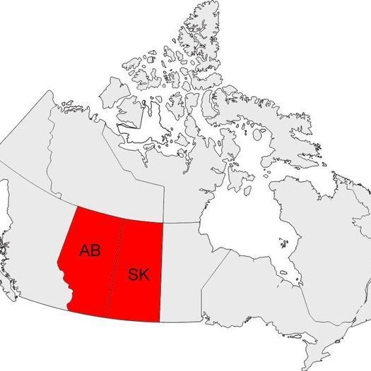 A map of Canada with the provinces of Alberta (AB) and Saskatchewan (SK) highlighted in red, located in the western central part of the country. The rest of the provinces and territories are shown in gray, with no other regions highlighted.