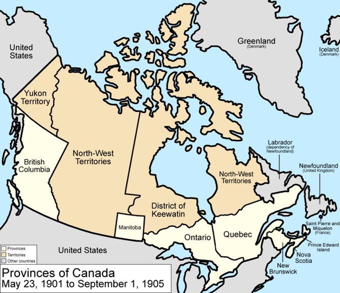 A historical map of Canada from May 23, 1901, to September 1, 1905, showing the provinces and territories during that period. The provinces include British Columbia, Manitoba, Ontario, Quebec, Nova Scotia, New Brunswick, Prince Edward Island, and Newfoundland (United Kingdom). The territories include Yukon Territory, North-West Territories, and District of Keewatin. The map also marks neighboring regions such as the United States to the south, Greenland (Denmark) to the northeast, Labrador (dependency of Newfoundland) to the east, and Saint Pierre and Miquelon (France) to the southeast. The map uses different colors to distinguish provinces (white) and territories (beige), with other countries shaded in gray.