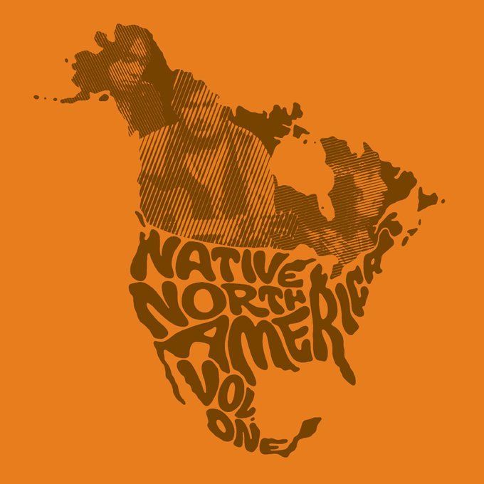 Orange background featuring a stylized outline of the North American continent formed by the words "Native North America Vol. One" in bold, brown, textured lettering with horizontal line patterns.