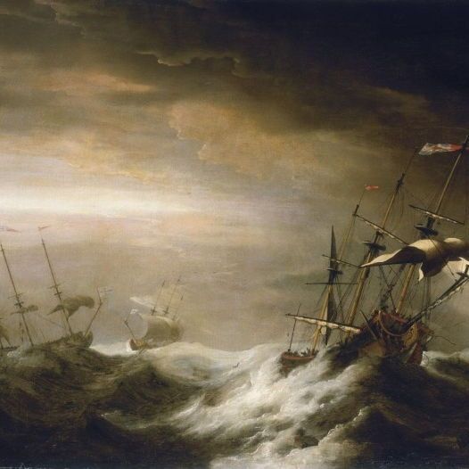 A dramatic 19th-century oil painting of sailing ships in peril during a violent storm at sea. Dark, heavy clouds fill the sky with a faint glow of light on the horizon. Massive churning waves crash against the wooden vessels; one large ship in the foreground tilts sharply, its sails torn and rigging in disarray, while smaller boats struggle in the distance. The scene is chaotic and moody, capturing the raw power of the ocean.