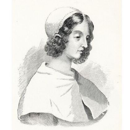 Black and white historical engraving of a woman in profile, facing right. She wears a white bonnet tied under her chin and a draped white shawl over her shoulders. Her hair is curly and visible beneath the bonnet. 