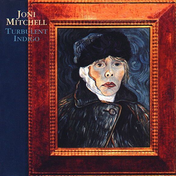Album cover for "Turbulent Indigo" by Joni Mitchell, featuring a painted portrait of a person wearing a dark hat and coat, framed in an ornate reddish-brown frame against a blue background.