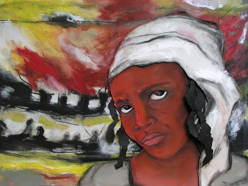 This photo appears to be a painting with vibrant and expressive colors. The background features a dynamic scene with bold strokes of red, yellow, and black, suggesting a dramatic or intense atmosphere, possibly depicting a fire or a sunset. In the foreground, there is a figure wearing a white headscarf, with black textured elements that might represent hair or additional headgear. The lower part of the painting includes silhouettes of people in boats, which could indicate a scene of migration, travel, or perhaps a historical event.