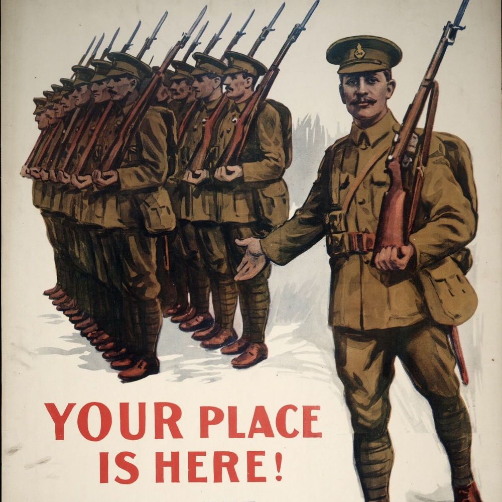 Illustrated recruitment poster showing a line of soldiers in khaki uniforms with peaked caps, holding rifles with fixed bayonets, marching in perspective from foreground to background against a light sky with faint distant structures. Prominent red text at the bottom reads "YOUR PLACE IS HERE!"