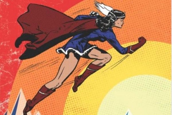 The image depicts Nelvana of the Northern Lights, a classic Canadian superheroine, in a dynamic, comic-book style. She is shown in mid-flight, her body angled forward with one fist extended, suggesting speed and determination. Nelvana wears a blue dress with white fur trim at the hem, paired with red gloves, boots, and a flowing red cape. Her headpiece, resembling a winged crown, is a distinctive feature, with white wings extending from the sides. Her long, dark hair streams behind her, and the background features a bold, retro color scheme of red, orange, and yellow concentric circles, enhancing the sense of motion. The overall style is reminiscent of Golden Age comics, with a slightly weathered texture adding to the vintage feel.