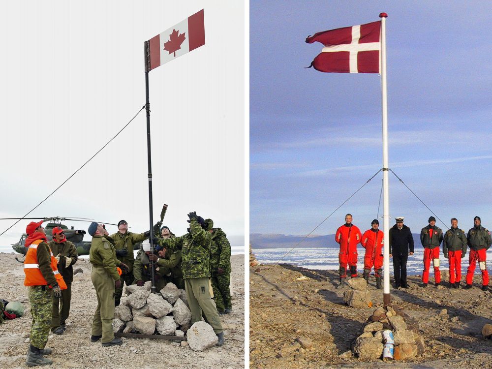 The photo shows two side-by-side images. The left image depicts a group of people in military-style camouflage uniforms raising a Canadian flag on a pole surrounded by rocks, with a helicopter in the background. The right image shows a group of individuals, some in red uniforms and one in a dark coat, standing in front of a Danish flag on a pole, with a frozen landscape and mountains in the background.