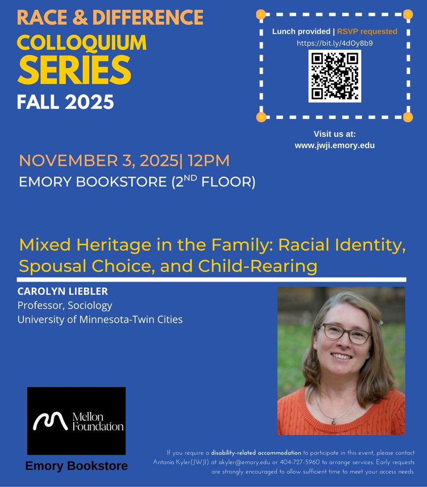 Promotional poster for the Fall 2025 Race & Difference Colloquium Series at Emory University, featuring a lecture titled 'Mixed Heritage in the Family: Racial Identity, Spousal Choice, and Child-Rearing' by Professor Carolyn Liebler from the University of Minnesota-Twin Cities. The talk is at noon on Monday, Nov. 3 at the Emory Bookstore.