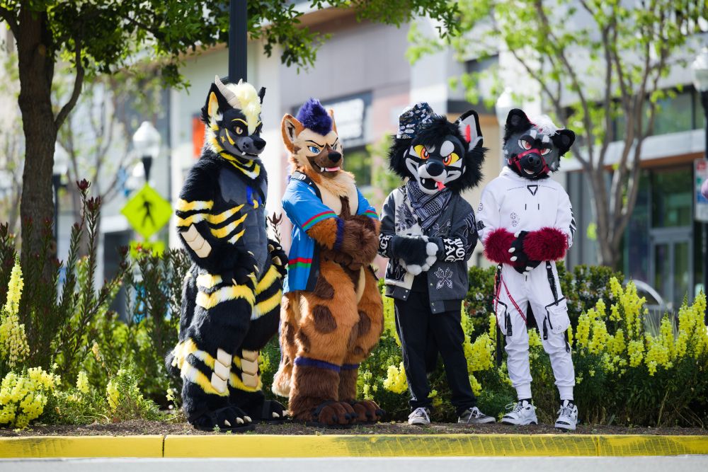 Four fursuiters pose in a garden area next a curb, with yellow flowers and trees immediately behind them and modern buildings constituting the blurred background. From left to right, they are Lyte, Koro, Akras, and Milo.