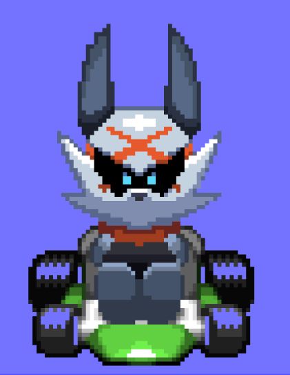 Uma pixel art de um chacal antropomórfico no estilo de Sonic usando uma máscara com X pilotando um kart