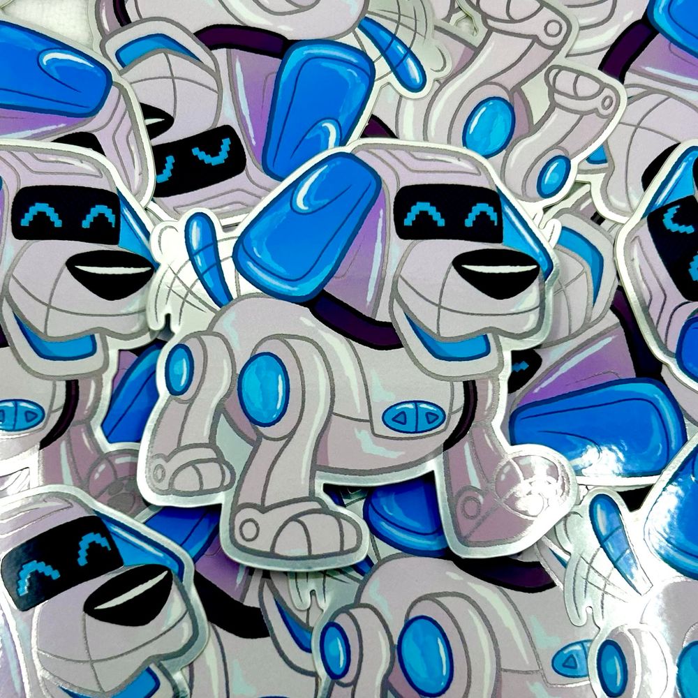 A sticker of Poo-chi the robot dog in silver and blue