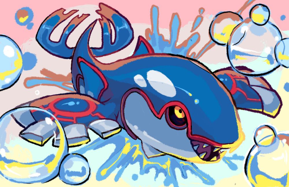 An image of a Kyogre with water splashing around it, on a pastel red, blue and yellow gradient background. There is colourful bubbles surrounding him.
