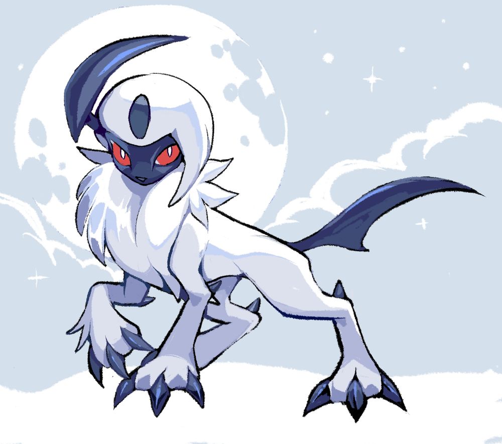 An Absol raising one of its front paws up and looking at the viewer. Behind the Absol theres a white moon, clouds, and a snowy ground.