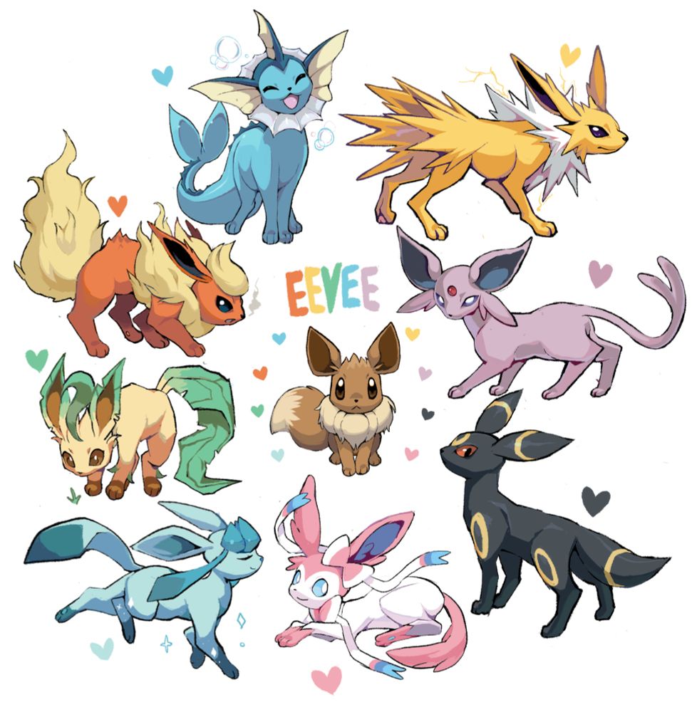 An image depicting eevee and all its evolutions. Eevee is in the middle surrounding by pastel hearts with text reading "eevee" above it. She is surrounded by all her evolutions in various poses and more pastel hearts.