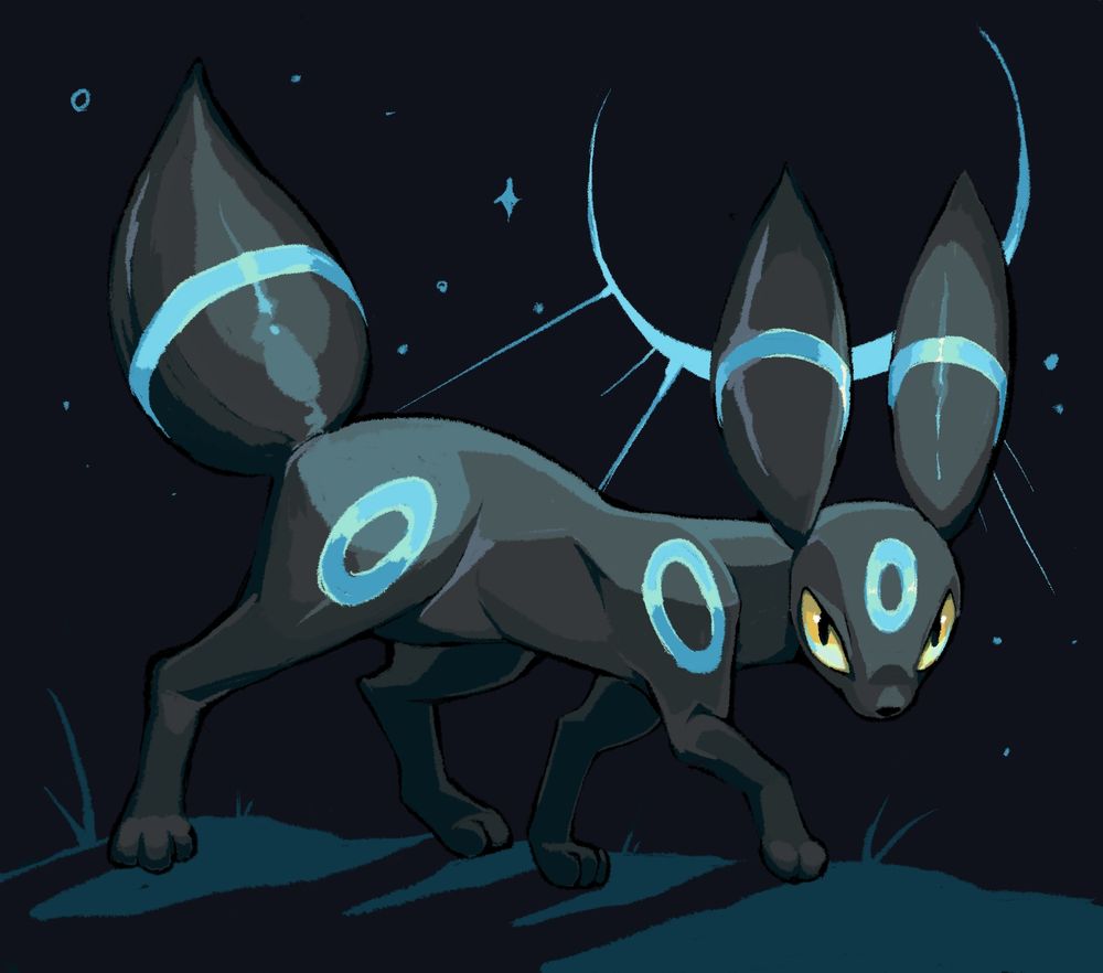 A shiny blue Umbreon stalking across a starry field at night time. Behind the Umbreon theres the outline of a blue moon. 