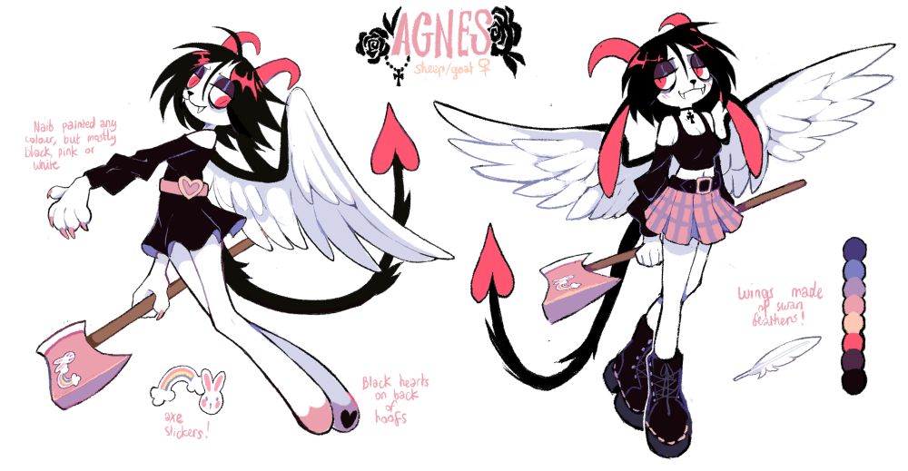 A feminine anthro creature with wings, red horns, floppy ears and a long tail ending in a heart. It has white fur and short black hair. There is two poses, one shows him wearing a black dress and the other a black top with a pink plaid skirt and black boots. He is also holding a pink axe with stickers in both poses.

The text at the top reads "Agnes, sheep/goat", and there is smaller text surrounding him. One reads "nail painted any colours, but mainly black pink or white.", another reads "axe stickers!", another, "Black hearts on back of hoofs" and the last piece reads "wings made of swan feathers!"