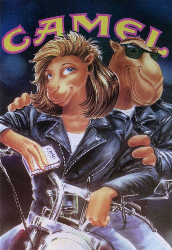 joe camel riding bitch on a motorcycle with his girlfriend driving 