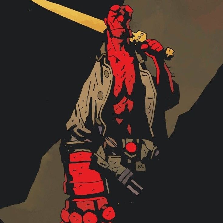 Hellboy holding a sword over his shoulder.
