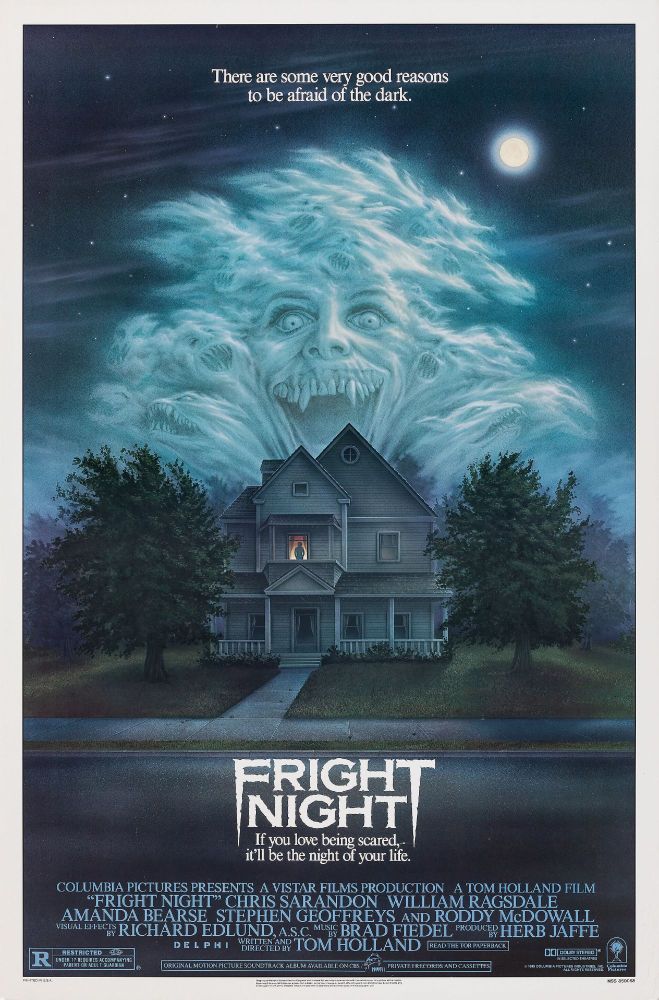 The poster for Fright Night, featuring a ghoulish face in the sky looming over an old house
