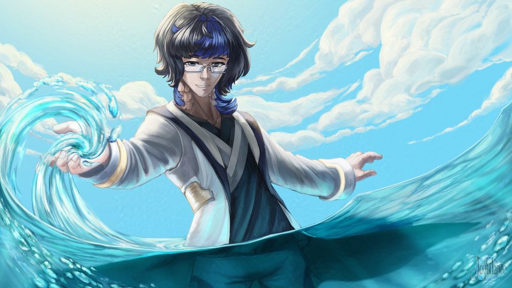 A digitally-painted illustration of Joybilance's original character, Six Song. He is a man with black and blue hair, thin glasses, gills on his neck, a white coat with metal cuffs and a waistband, a dark blue top, and a wetsuit underneath. The scene is set with bright, summer vibes, with a bright sky and clouds. The water comes just up to his waist, and he seems to draw power from the water in his right (our left) hand. He greets us in a pleased, calm smile. 