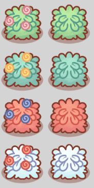 Bushes with different coloured berries depending on the season.