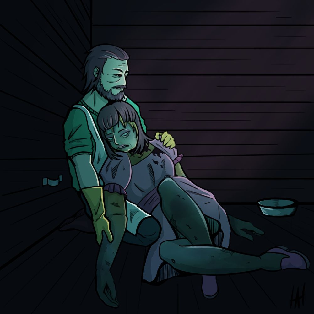 A man holds the corpse of a woman in his arms. He looks down at her lovingly. The woman has a bloodstained dress, a wig, and poorly done makeup smeared on her face.