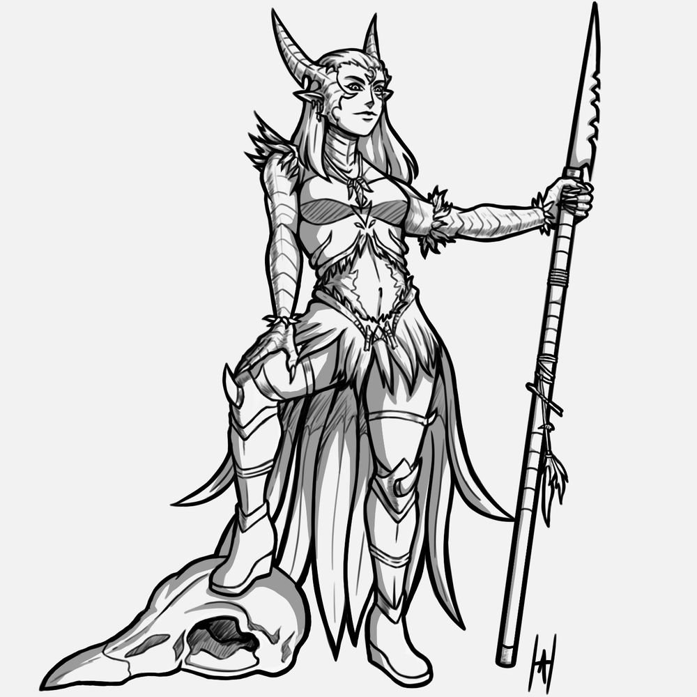 A black and white drawing of a woman with golden dragon skin and horns stands on a large bird skull. Her clothing and spear are adorned with feathers and bones.