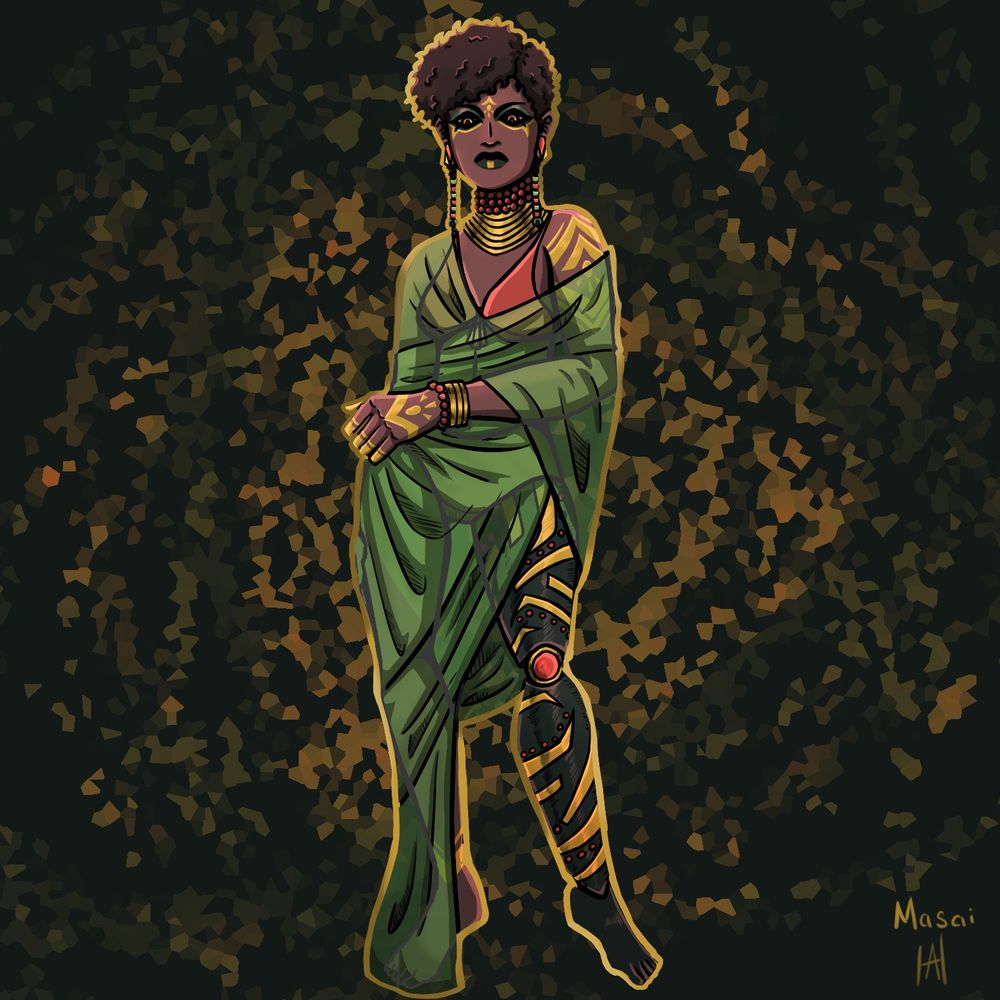 A woman named Masai wearing green and red robes. She is adorned with gold and has a prosthetic leg, also equally adorned.