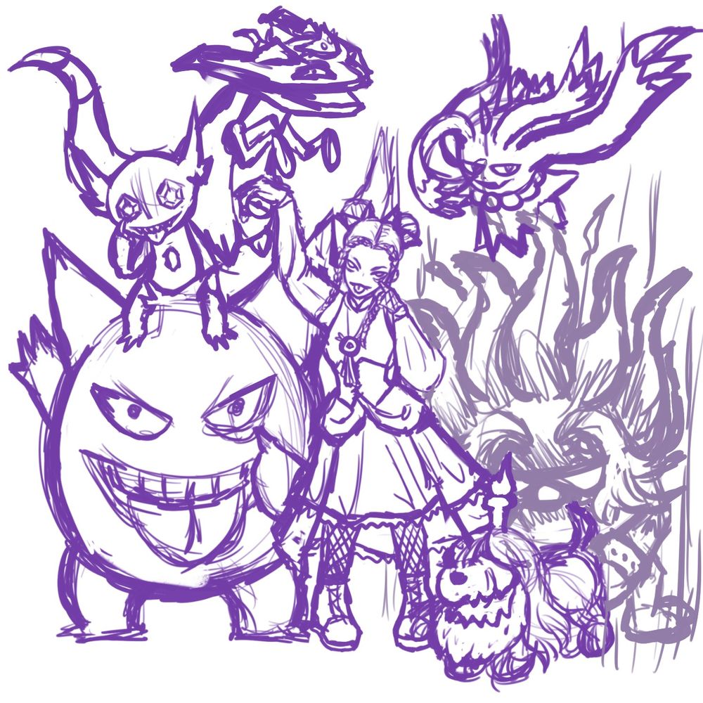 Ghost type trainer with the pokemon Gengar, Sableye, Greavard, Drakloak, Flutter Mane, and Annihilape 