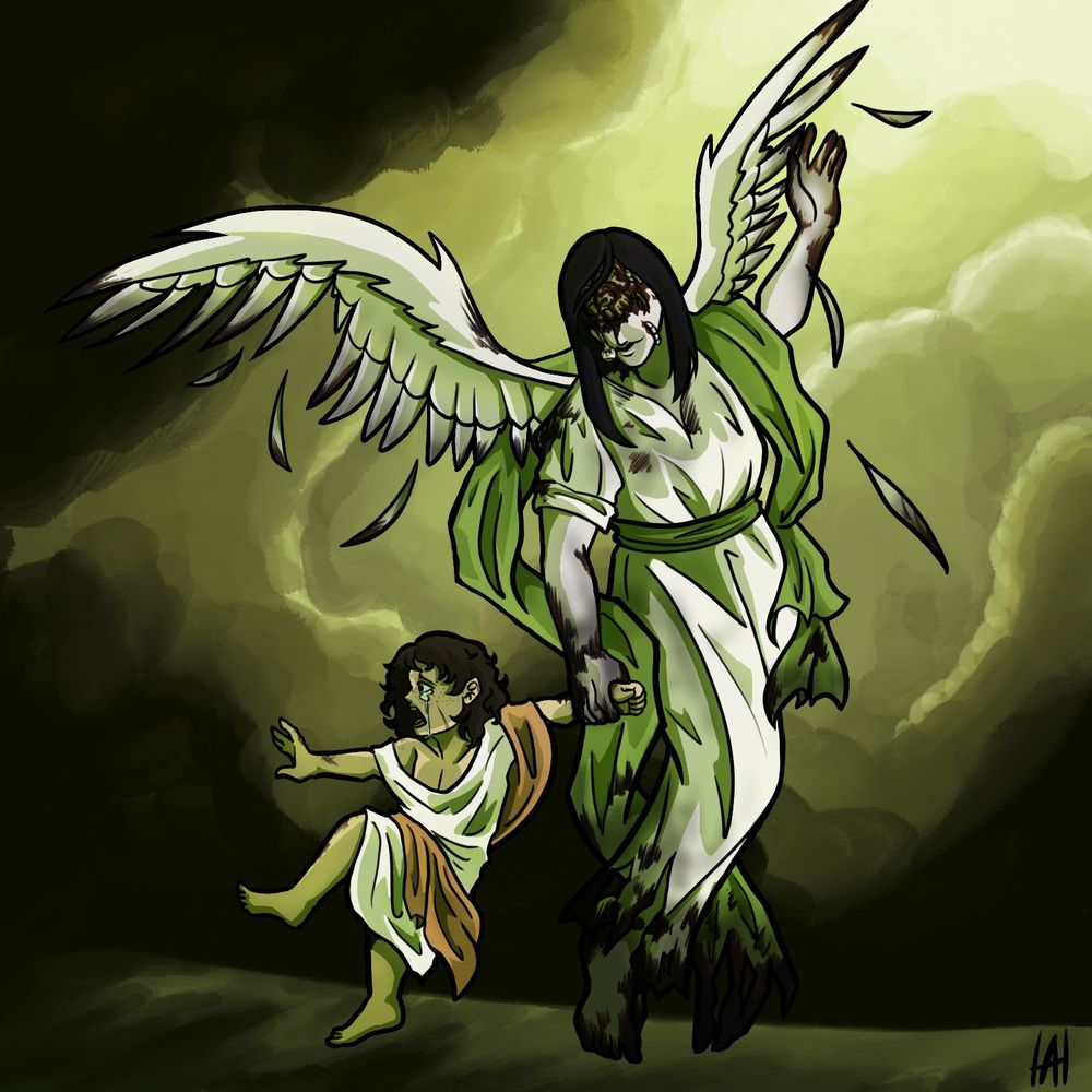An angel drags away a screaming child. Her face is caved in to reveal a maggot infested brain