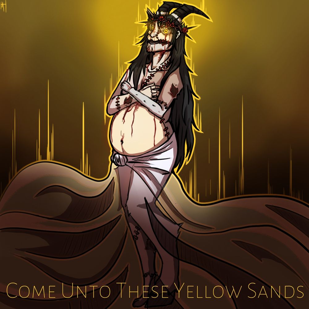 A drawing of a pregnant woman sewn together with various animals. She wears a flowering crown of thorns that causes blood to run down her face. The caption reads:

"Come Unto These Yellow Sands"