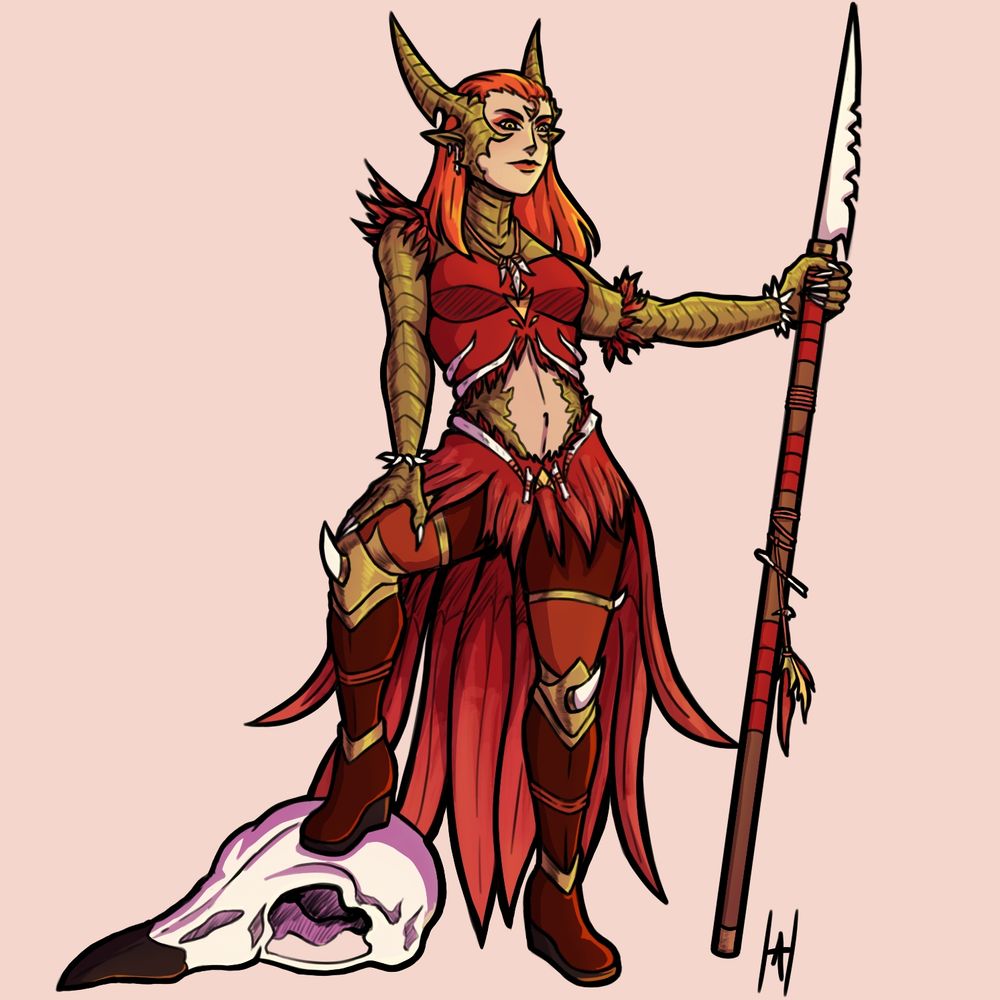 A woman with golden dragon skin and horns stands on a large bird skull. Her clothing and spear are adorned with feathers and bones.