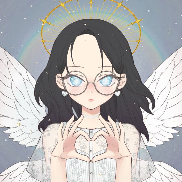 picrew of a pale girl with long dark hair, blue eyes, glasses and big white angel wings