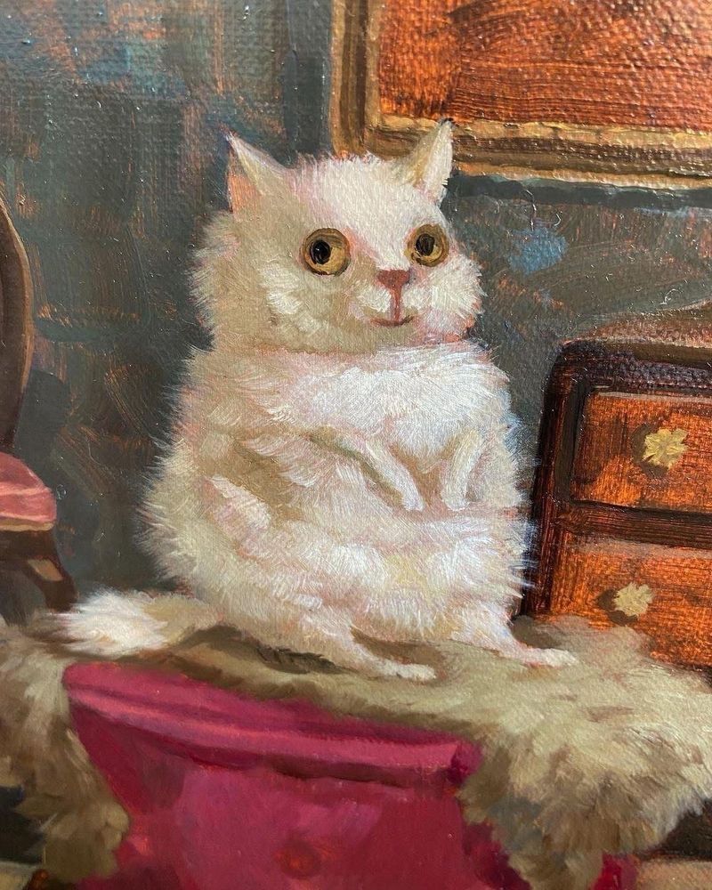 painting of a fluffy white cat sitting up on its butt smiling 