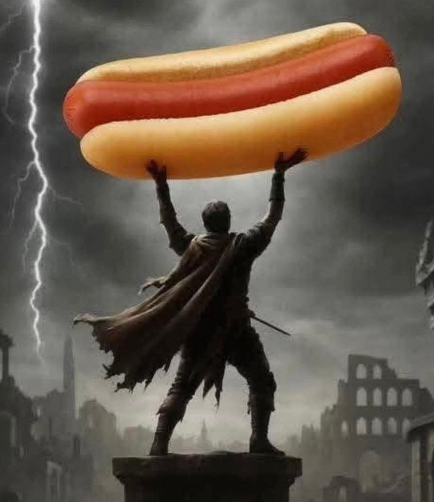 a person with a cape holding up a giant hot dog on top of a building with a city in ruins behind him. there's also lightning in the sky 
