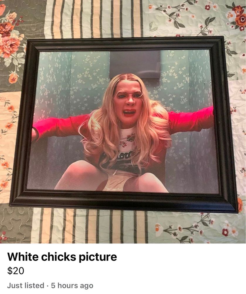 White chicks picture
$20
Just listed • 5 hours ago

Framed still from the movie White Chicks of one of the wayans in makeup in a bathroom stall? Idk never see it and never will