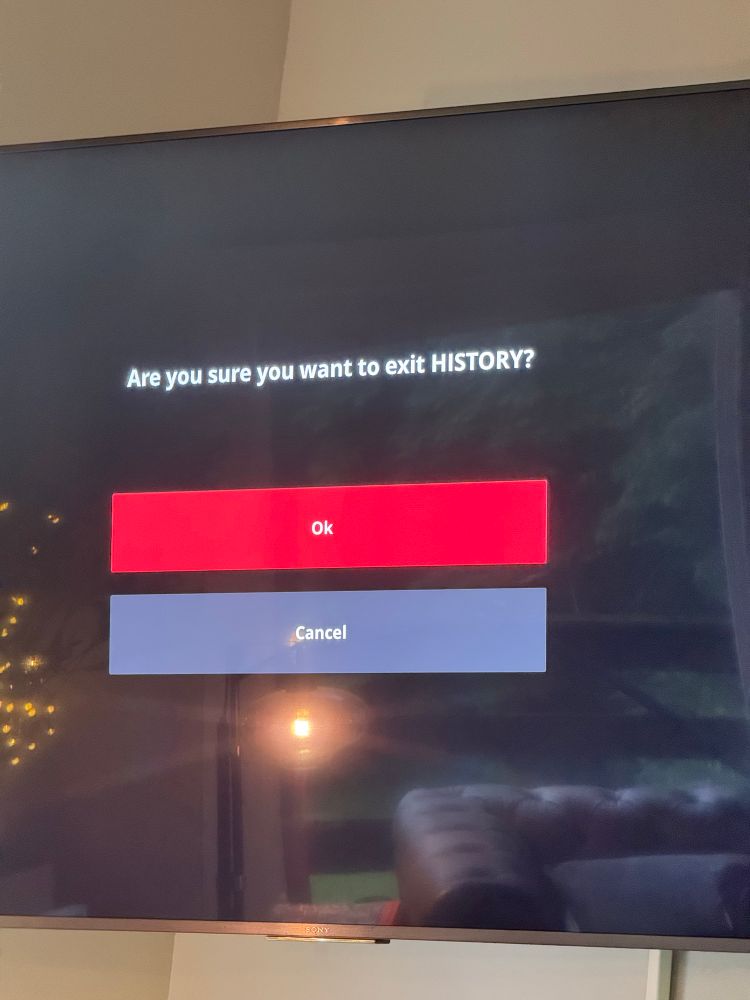 tvos app text:

Are you sure you want to exit HISTORY?
Ok
Cancel