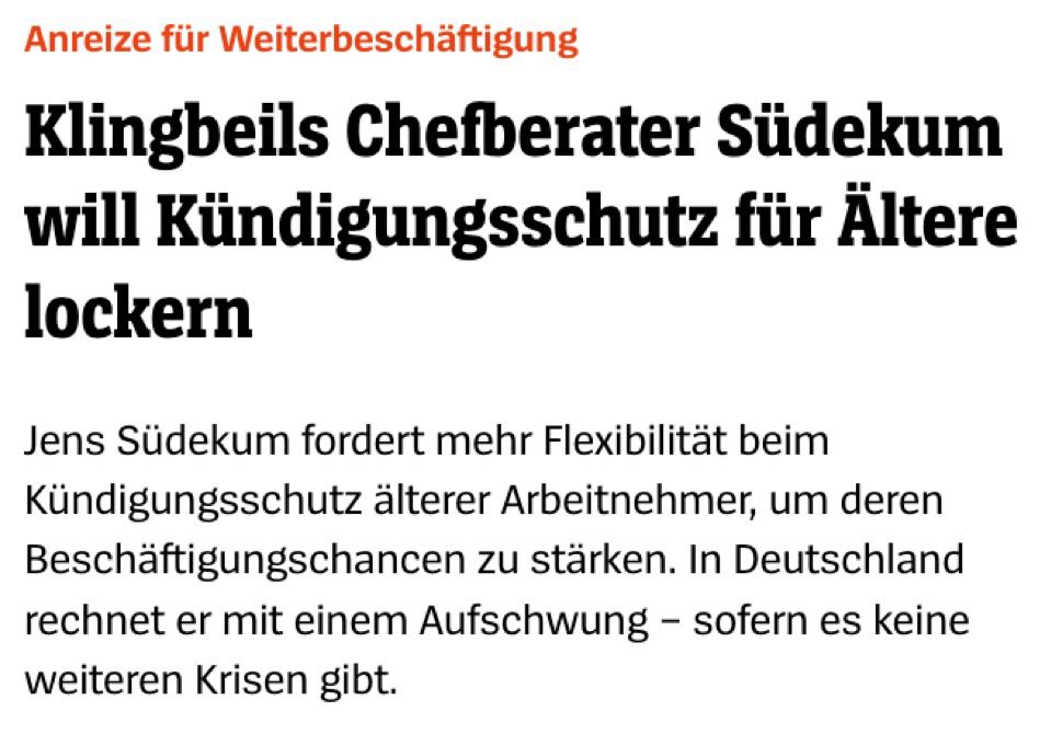 Spiegel: Klingbeils Chefberater Südekum will Kündigungsschutz für Ältere
lockern
Jens Südekum fordert mehr Flexibilität beim Kündigungsschutz älterer Arbeitnehmer, um deren Beschäftigungschancen zu stärken. In Deutschland rechnet er mit einem Aufschwung - sofern es keine weiteren Krisen gibt.