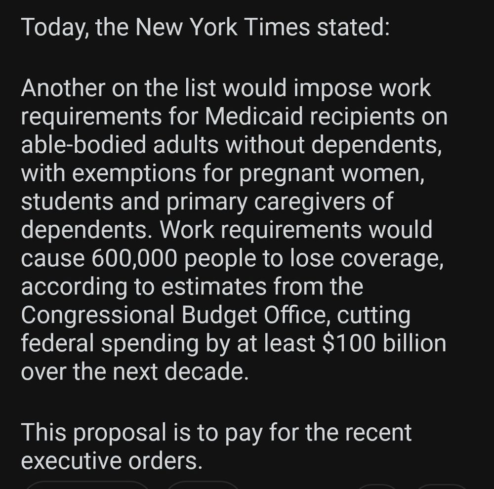 Republican proposal to impose work requirements for Medicaid recipients

Today, the New York Times stated:

Another on the list would impose work requirements for Medicaid recipients on able-bodied adults without dependents, with exemptions for pregnant women, students and primary caregivers of dependents. Work requirements would cause 600,000 people to lose coverage, according to estimates from the Congressional Budget Office, cutting federal spending by at least $100 billion over the next decade.

This proposal is to pay for the recent executive orders. 

