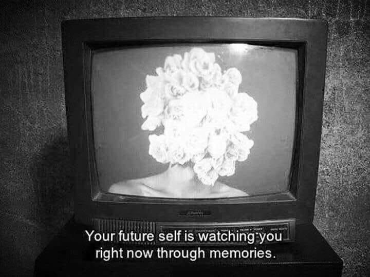 black and white picture of an old television with a person who has a face made of roses. subtitle is an aubrey de grey quote “your future self is watching you right now through memories.”