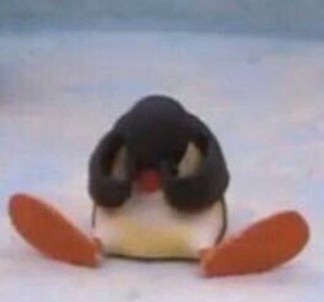 Pengu sitting on ice clutching it's face in despair.