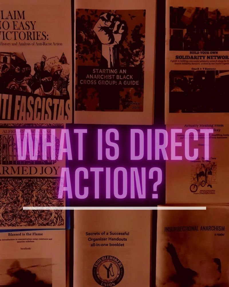 A dim sepia tone photograph of an arrangement of different zines with semi-transparent neon pink text overlayed which reads: What is direct action?